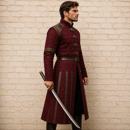 Medieval Padded Gambeson with Brown Leather Trim – Viking LARP Armor