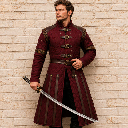 Medieval Padded Gambeson with Brown Leather Trim – Viking LARP Armor