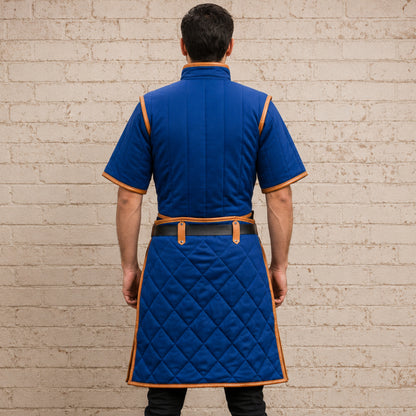 Medieval Padded Gambeson – Royal Blue Cotton Armor with Tan Leather Trim, Renaissance Fair Costume