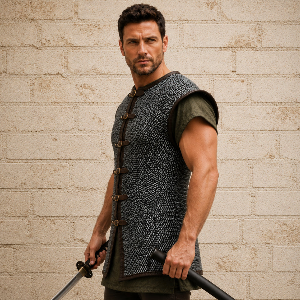 9MM Flat Riveted Chainmail Shirt with Washers – Sleeveless Medieval Costume Armor