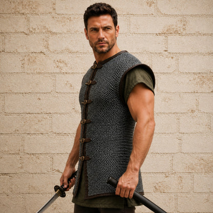 9MM Flat Riveted Chainmail Shirt with Washers – Sleeveless Medieval Costume Armor