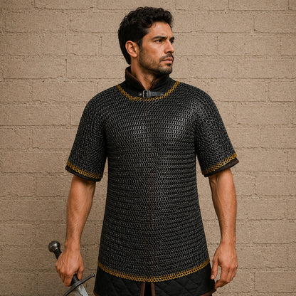 9mm Haubergeon Chainmail Shirt with Brass Trim – Flat Riveted Ring Armor