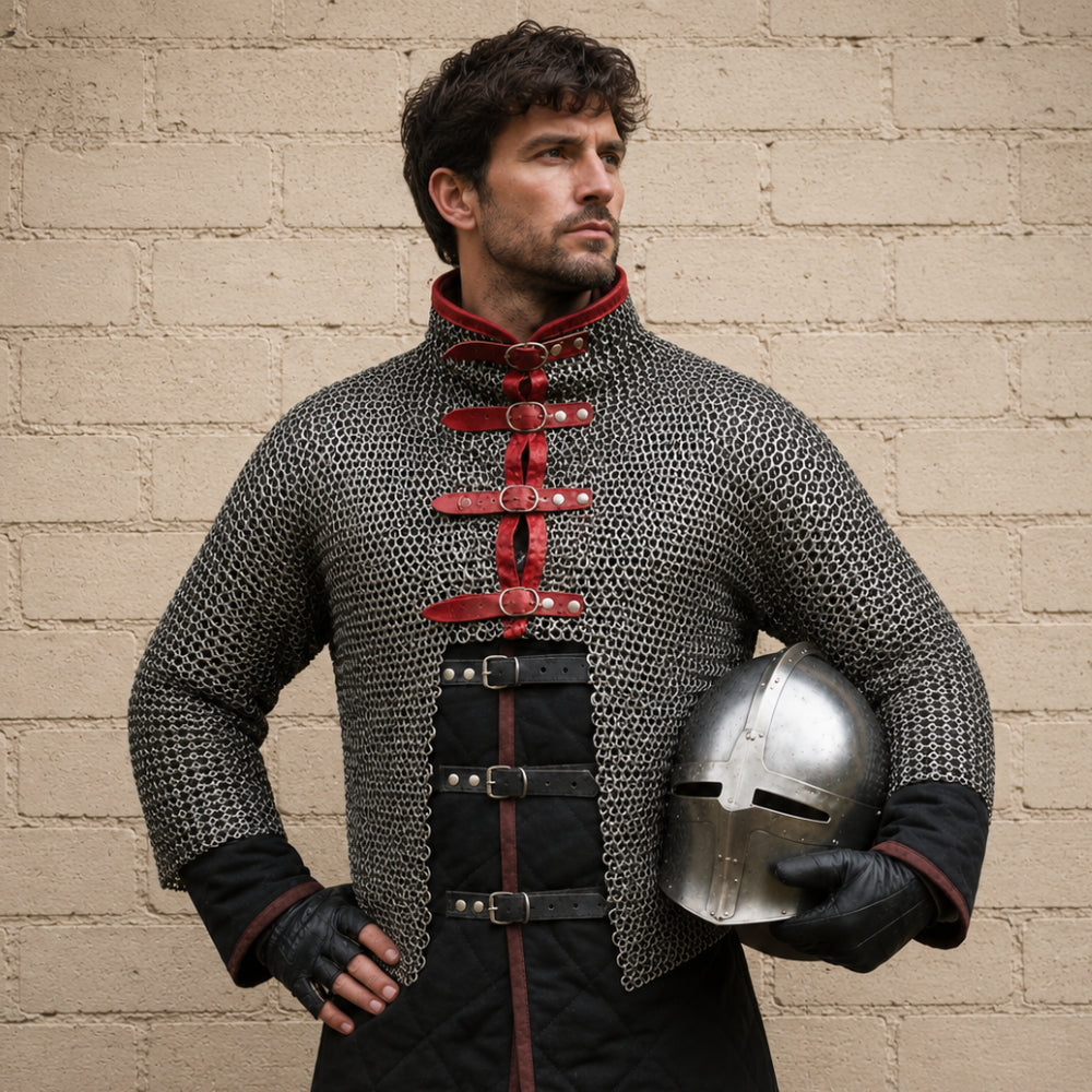 Chainmail Half Hauberk – 9MM Flat Riveted Rings with Leather Trim