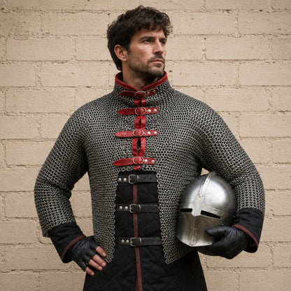 Chainmail Half Hauberk – 9MM Flat Riveted Rings with Leather Trim