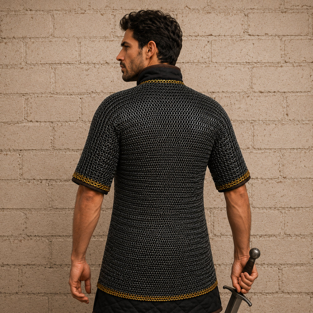 9mm Haubergeon Chainmail Shirt with Brass Trim – Flat Riveted Ring Armor