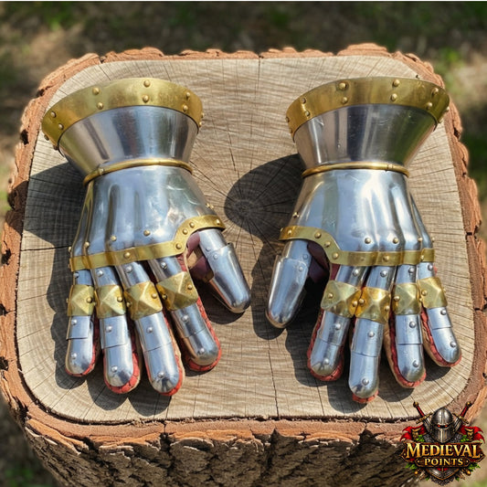 16 Steel Gauntlet Gloves – Knight Armor with Brass for LARP & Cosplay