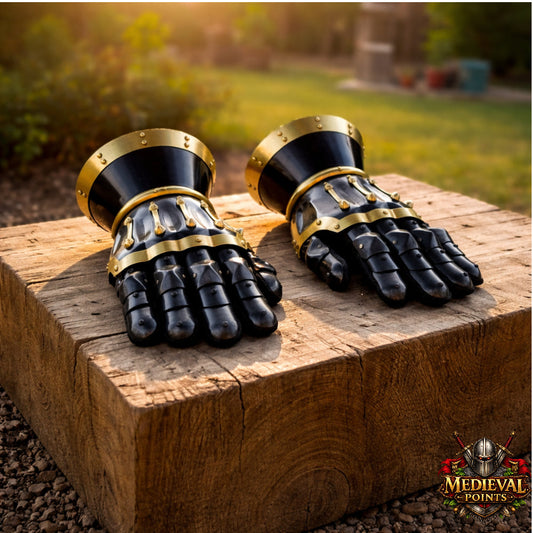 Medieval Hourglass Gauntlets 16 Gauge Steel with Brass Accents & Leather Gloves | SCA LARP Armor
