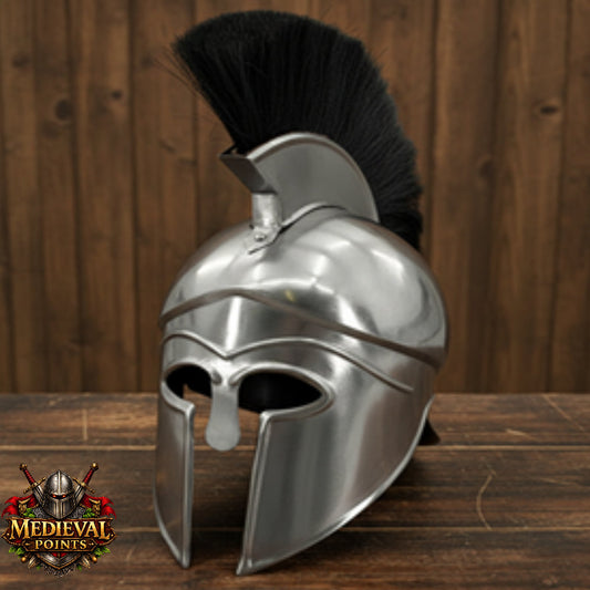 Silver Corinthian Helmet : Warrior Medieval Helmet with Wooden Stand