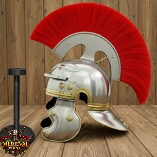 Roman Centurion Helmet : Roman Helmet with Red Plume-  Display Wooden Stand