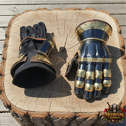 Medieval Knight Gauntlets – Steel Armor Gloves with Brass Accents