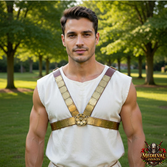 Roman Leather Phalera Belt, Brass Chest Armor, LARP Reenactment Costume