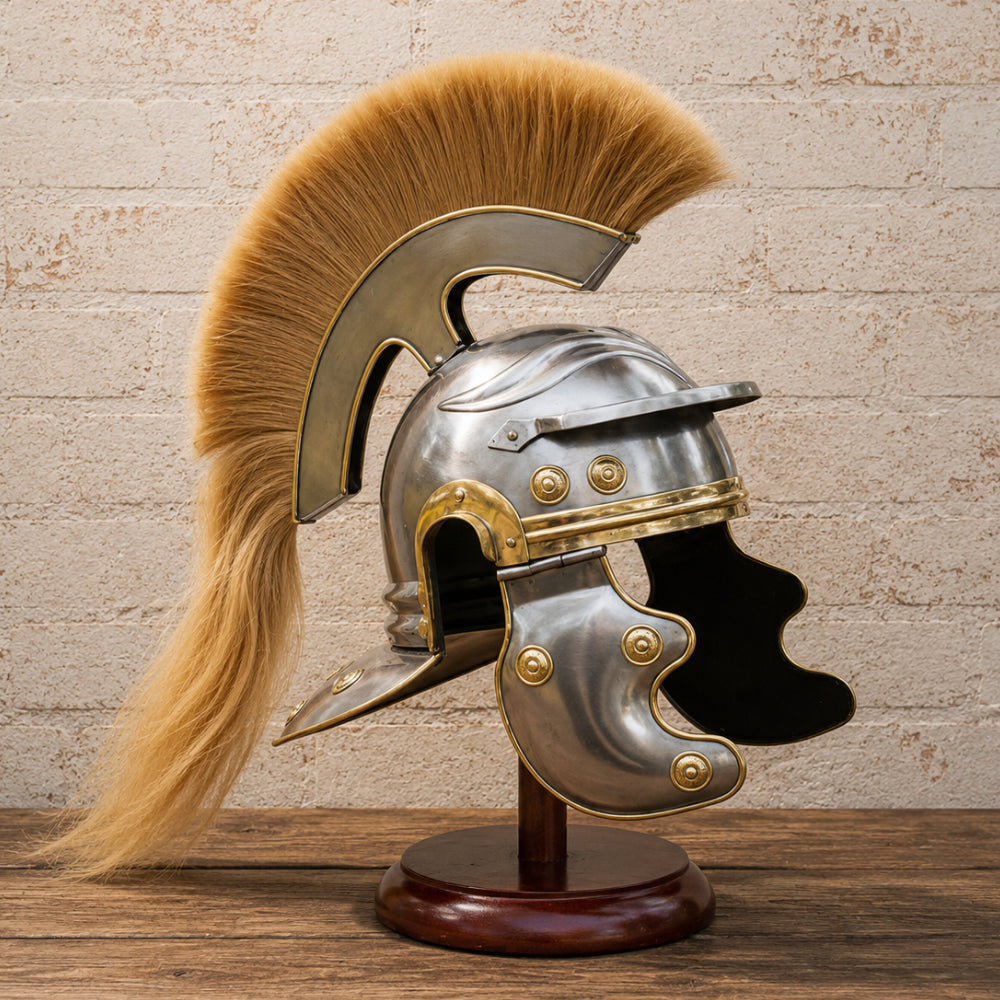 Roman Centurion Helmet with Brown Plume & Complimentary Wooden Display Stand