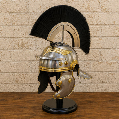 Roman Gladiator Helmet with Black Plume & Wooden Display Stand