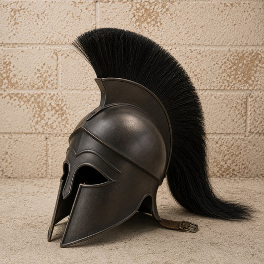 Greek Corinthian Helmet Replica with Wooden Display Stand – Ancient Warrior Armor Collectible