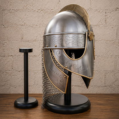 Viking Chainmail Helmet with Wooden Display Stand – Medieval Norse Warrior Armor Replica