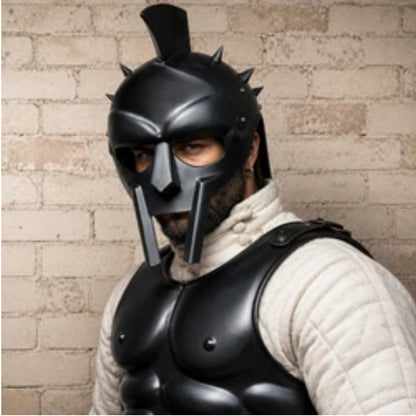 Black Spartan Gladiator Helmet with Wooden Display Stand