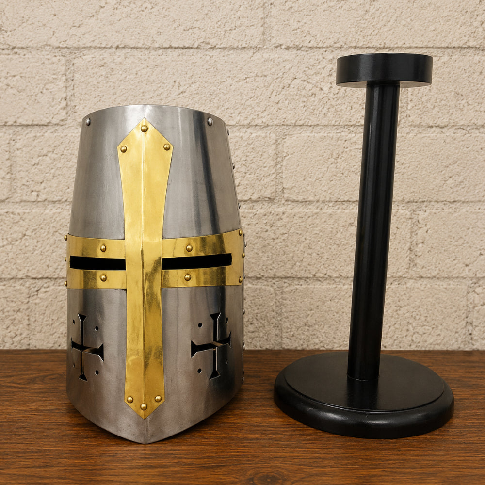 Templar Crusader Knight Helmet with Wooden Display Stand – Silver Medieval Helmet