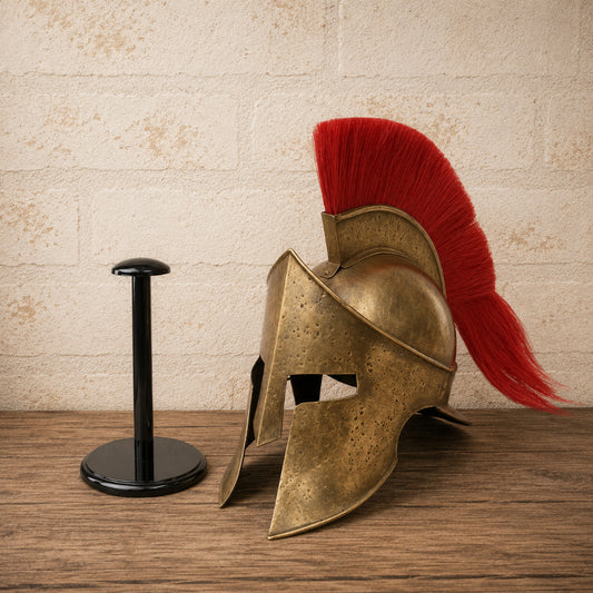 Spartan Helmet with Red Plume – King Leonidas Inspired Warrior Armor with  Wooden Display Stand