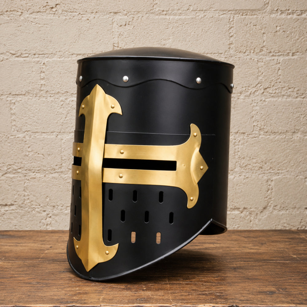Medieval Crusader Helmet with Wooden Display Stand – Black Knight Armor