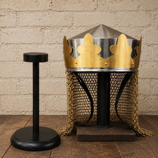 Medieval King Arthur Style Helmet with Brass-Butted Chainmail and Wooden Display Stand