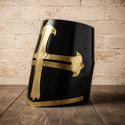 Templar Crusader Knight Helmet – Black Medieval Great Helm with Brass Accents & Display Stand