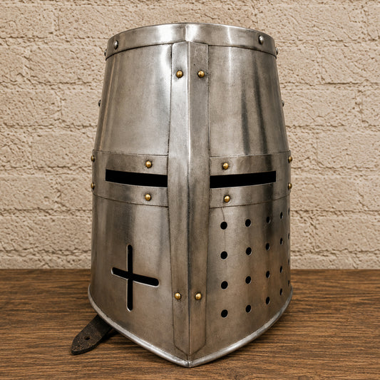 Medieval Knight Helmet with Wooden Display Stand – Silver Armor Replica