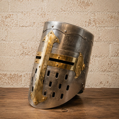 Templar Knight Helmet with Wooden Display Stand – Medieval Crusader Armor