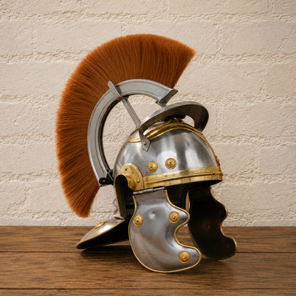 Roman Centurion Helmet with Brown Plume & Wooden Display Stand