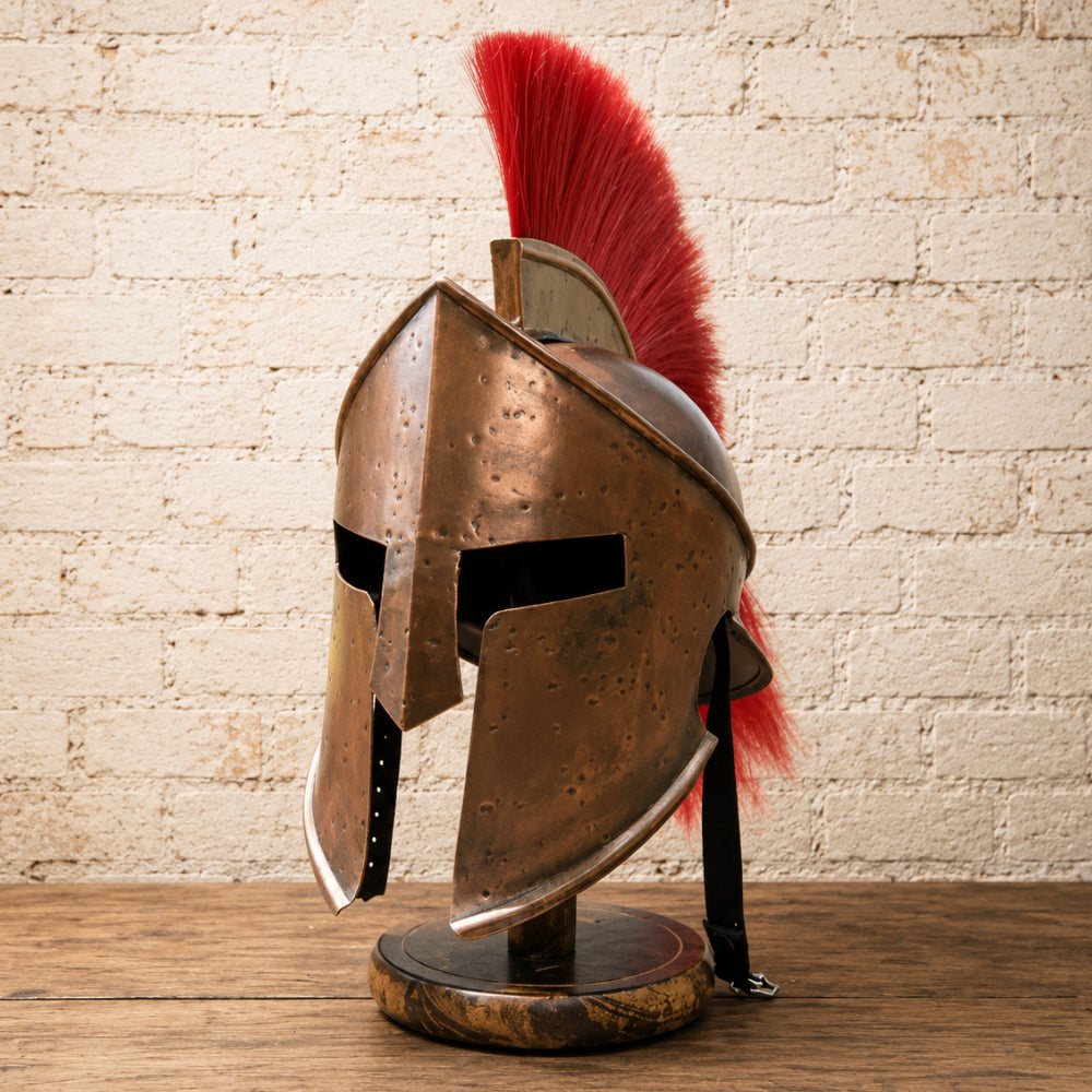 King Leonidas 300 Spartan Warrior Helmet with Red Crest & Wooden Stand