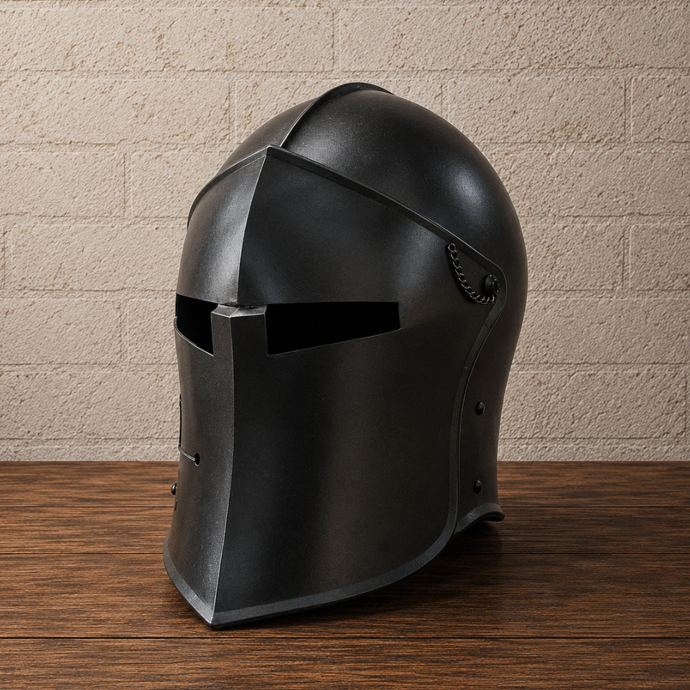 Black Medieval Barbute Helmet – Wearable Knight Armor with Wooden Display Stand