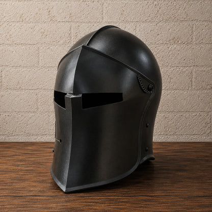 Black Medieval Barbute Helmet – Wearable Knight Armor with Wooden Display Stand