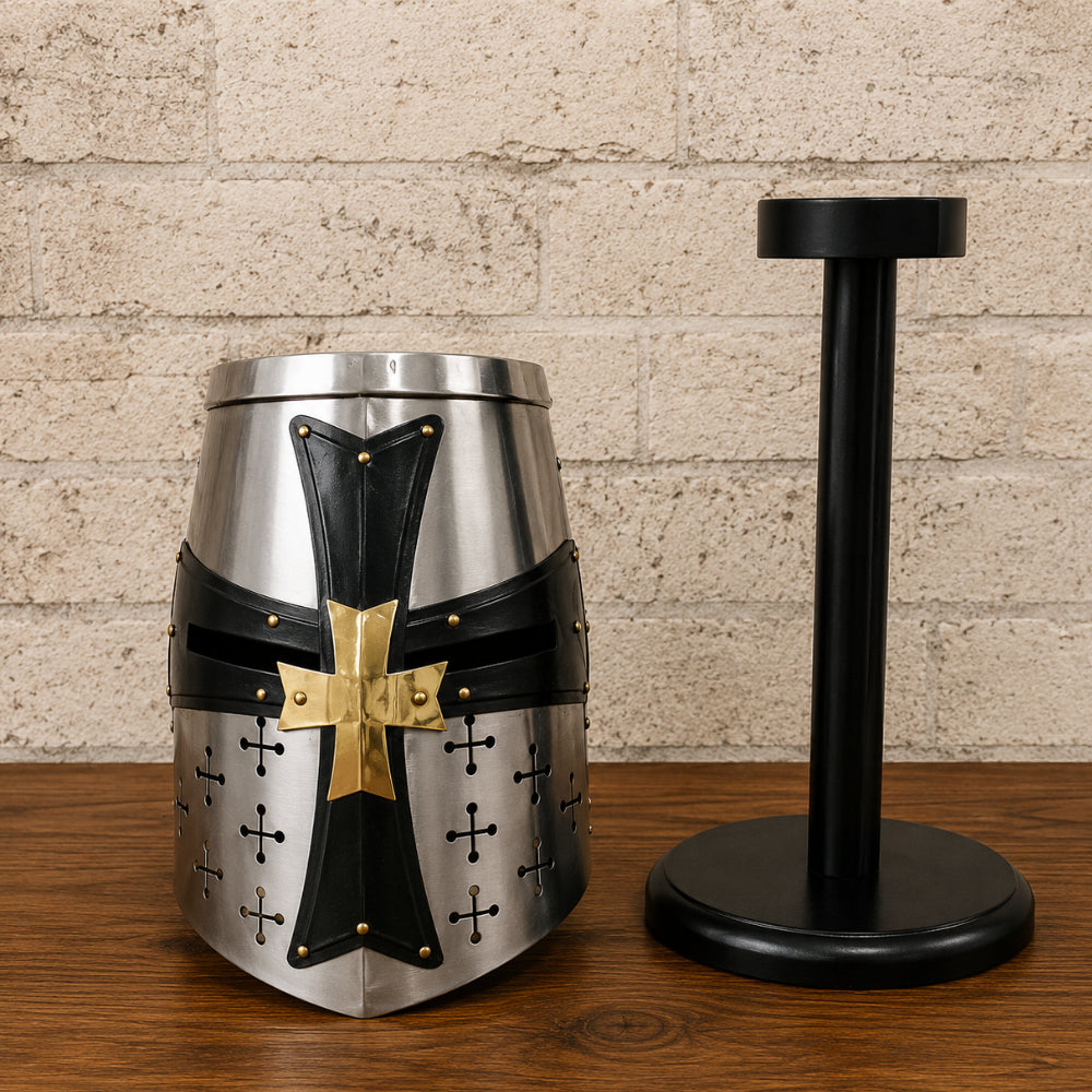 Crusader Templar Knight Helmet in Silver Steel with Black Cross & Wooden Display Stand