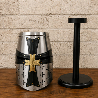 Crusader Templar Knight Helmet in Silver Steel with Black Cross & Wooden Display Stand