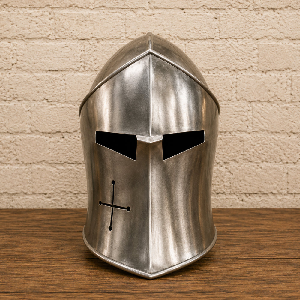 Medieval Barbuta Helmet with Wooden Display Stand – Silver Knight Armor Replica