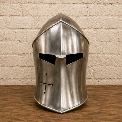 Medieval Barbuta Helmet with Wooden Display Stand – Silver Knight Armor Replica