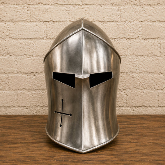 Medieval Barbuta Helmet with Wooden Display Stand – Silver Knight Armor Replica