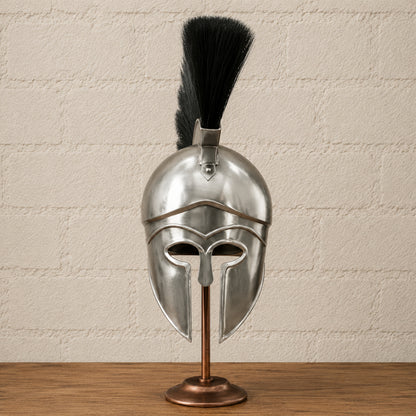 Greek Warrior Helmet with Black Plume & Wooden Display Stand