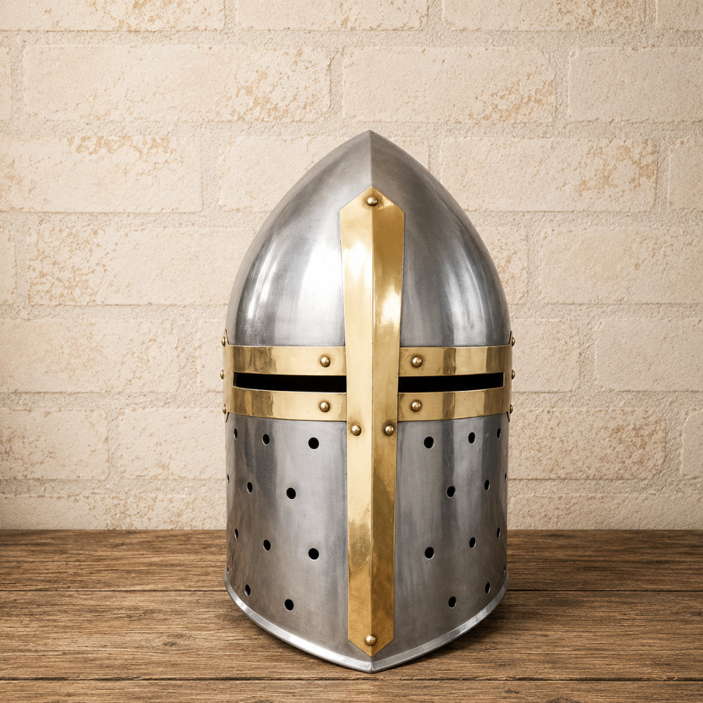 Medieval Sugarloaf Knight Helmet – Steel & Brass Crusader Armor Helmet with Display Stand