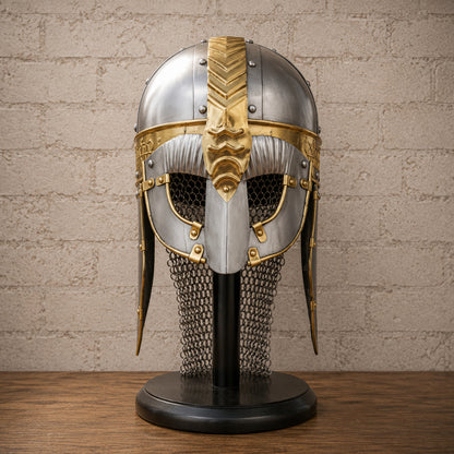 Viking Gjermundbu Helmet with Wooden Display Stand – Authentic Norse Warrior Armor Replica, Medieval Knight Collectible