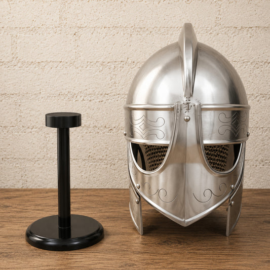 Medieval Knights Templar Barbuta Helmet with Visor and Wooden Display Stand