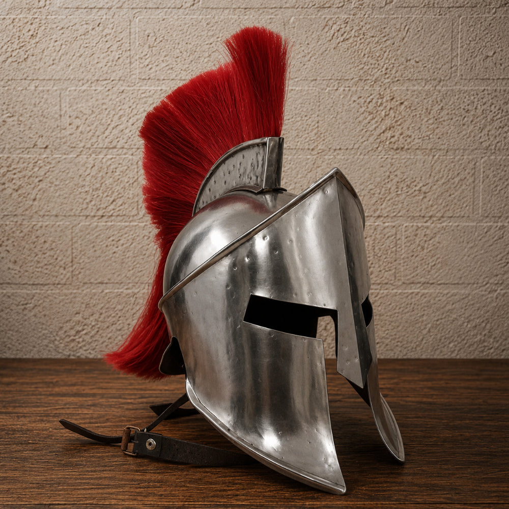 King Leonidas Spartan Helmet with Red Crest Plume – Greek Warrior Armor Replica & Wooden Stand
