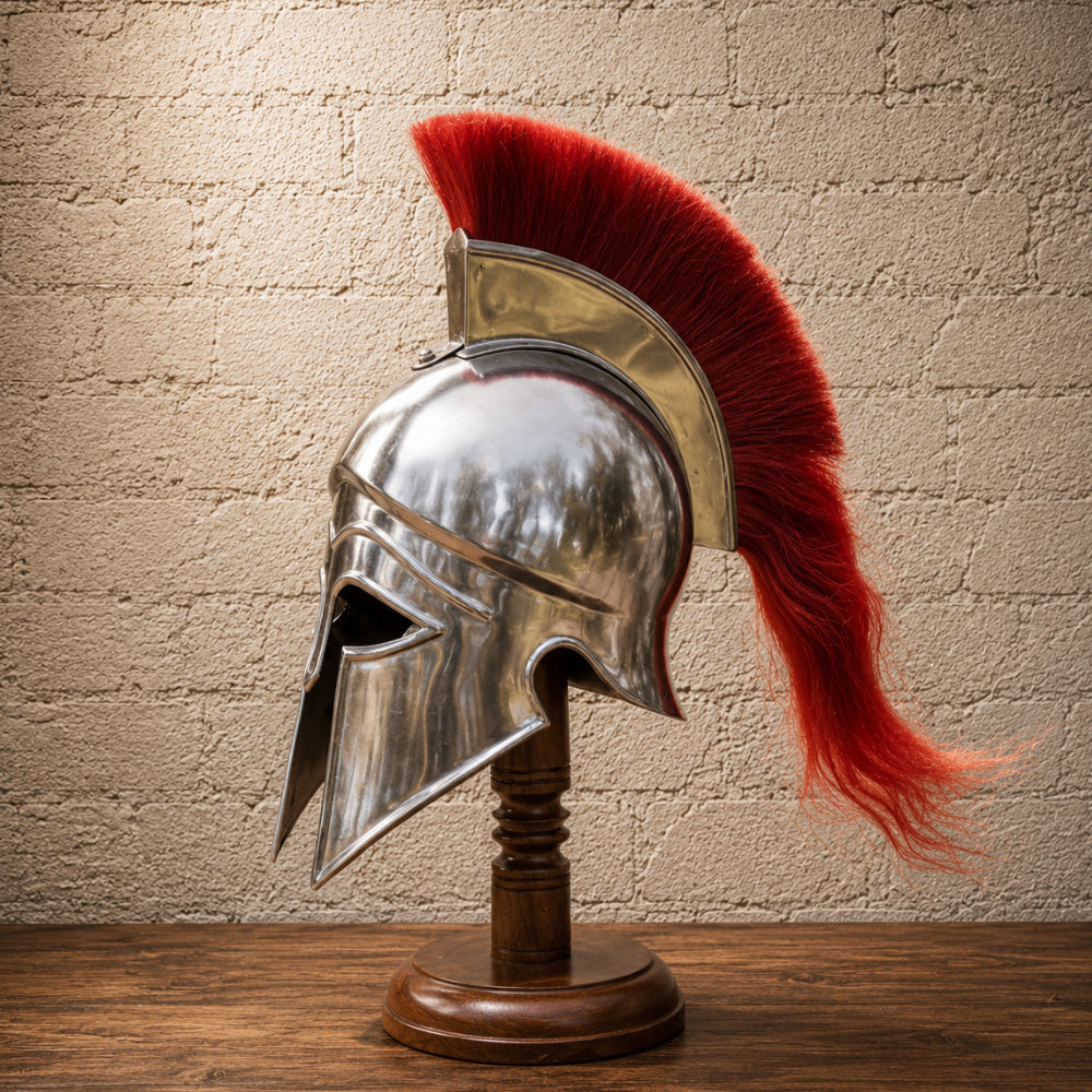 Greek Corinthian Helmet with Silver Finish & Red Plume – Ancient Warrior Display Armor