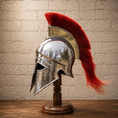 Greek Corinthian Helmet with Silver Finish & Red Plume – Ancient Warrior Display Armor