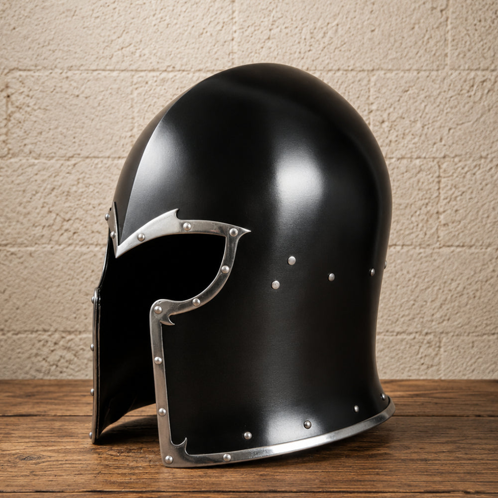 Medieval Barbuta Helmet with Inner Leather Liner & Wooden Display Stand