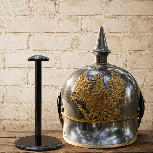 German Pickelhaube Helmet with Wooden Display Stand – Historic Military Replica