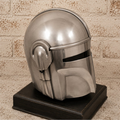 Mandalorian-Inspired Metal Helmet Replica with Wooden Display Stand