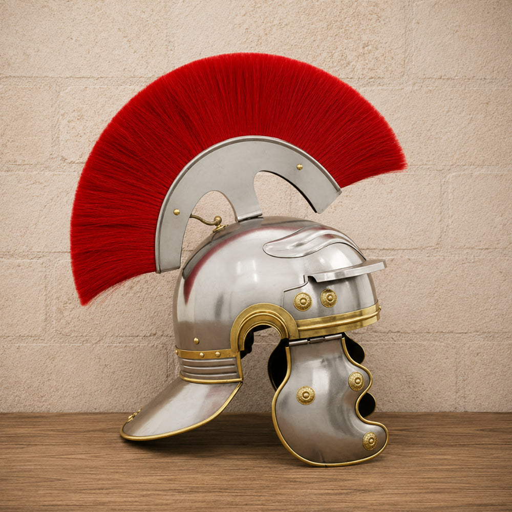 Roman Centurion Helmet with Red Plume – Ancient Roman Warrior Armor with Wooden Display Stand