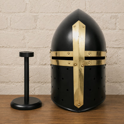 Medieval Black Sugarloaf Helmet with Wooden Display Stand – Crusader Knight Armor Helmet