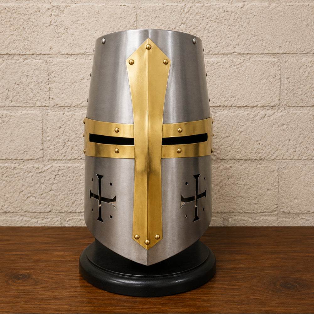 Templar Crusader Knight Helmet with Wooden Display Stand – Silver Medieval Helmet
