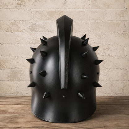 Black Spartan Gladiator Helmet with Wooden Display Stand